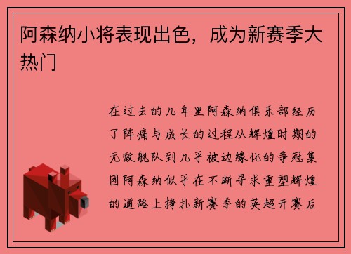 阿森纳小将表现出色，成为新赛季大热门