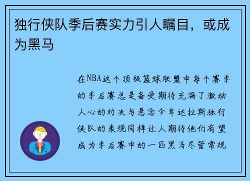 独行侠队季后赛实力引人瞩目，或成为黑马